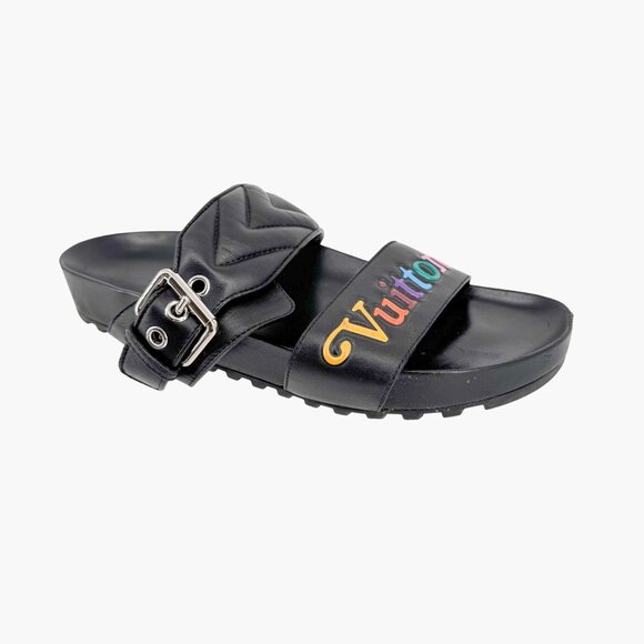 Louis Vuitton New Wave Bom Dia Slide Sandal Size 38 US 8 Black Rainbow Logo Mule - Picture 9 of 15